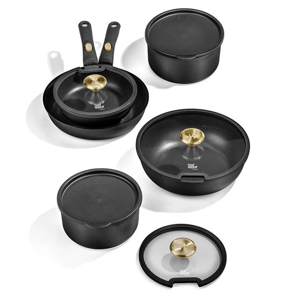 מארז כלי בישול FLEXI שחור – 12 חלקים עם 2 ידיות נשלפות